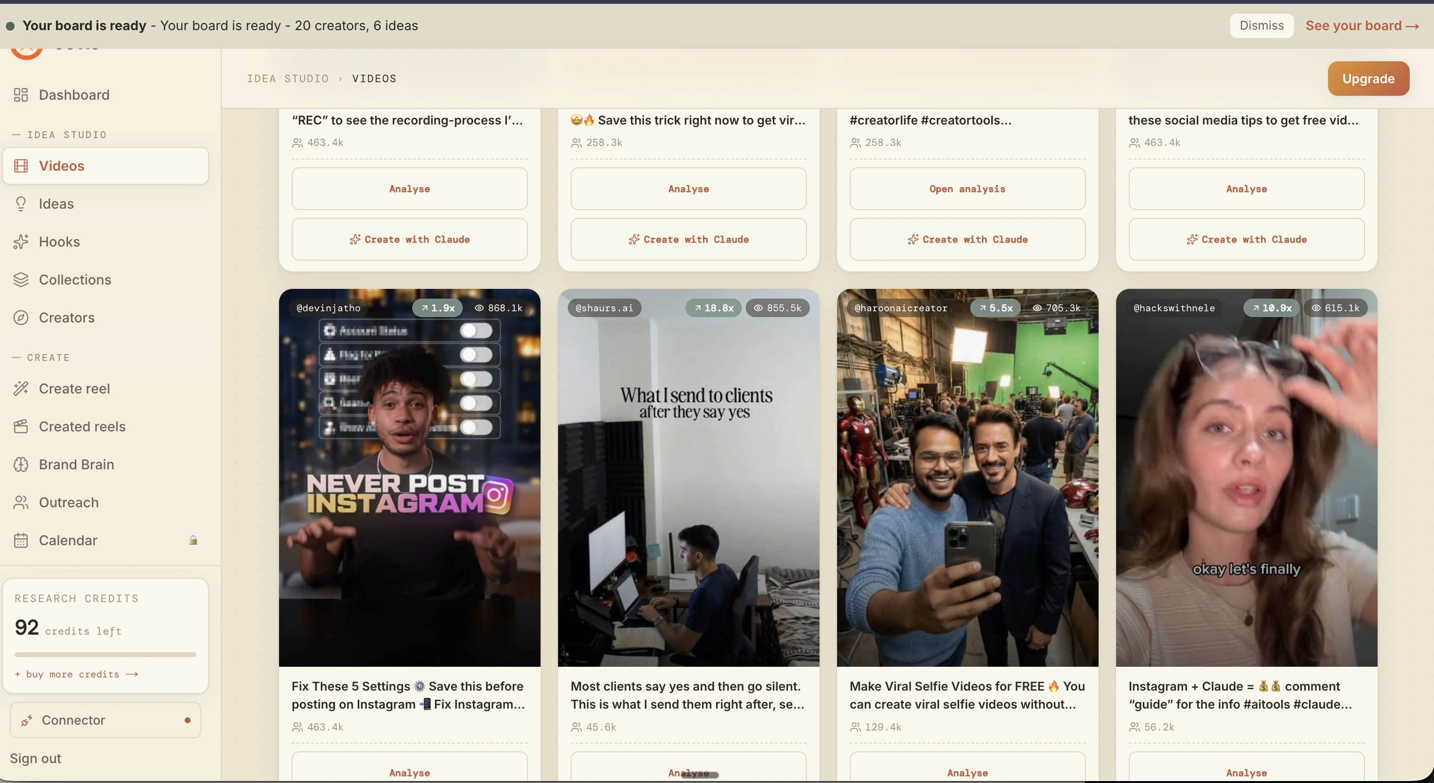 Idea Studio showing niche winners and ranked creator reels