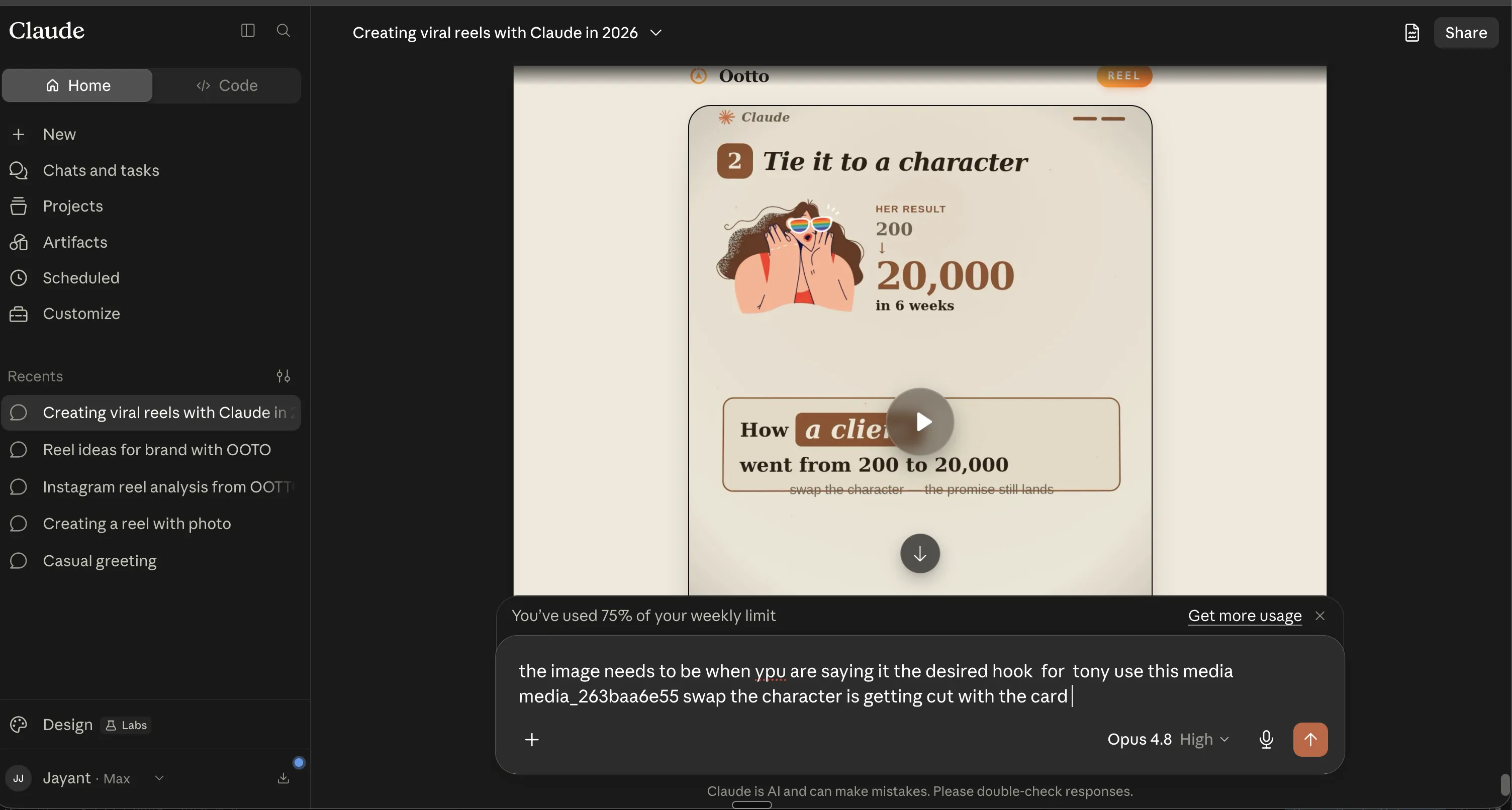 A finished reel playing inside a Claude chat with a typed revision request below it